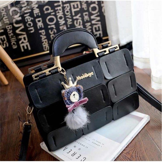 Tote Square Patched Sewing Line Hairball Handbag- Black