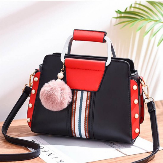Furry Ball Hanging Contrast Pearl Patched Handbag - Black