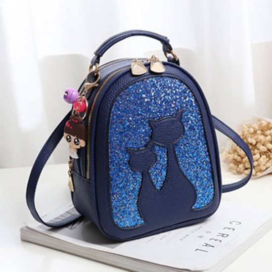 Fire Cat Sequins Decorated Messenger Shoulder Bag - Blue