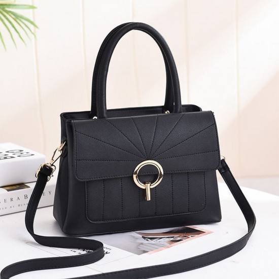 Cool Wave Elegant Ring Lock Leather Handbag - Black