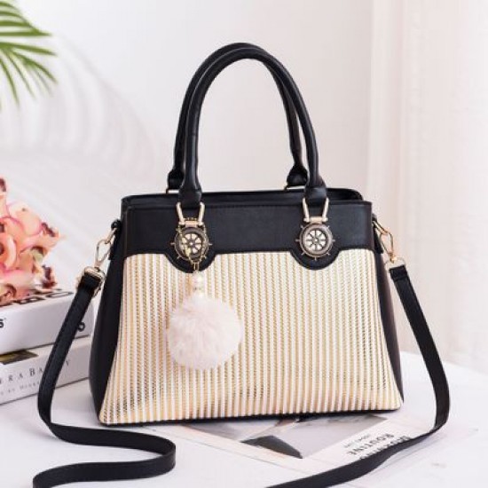 Wave Striped Diagonal Furry Ball Hanging Shoulder Bag - Black