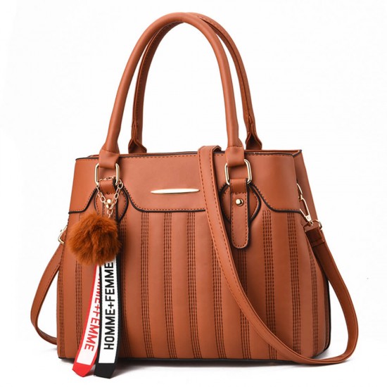 Embroidery Stripped Hair Ball Shoulder Bag -Brown