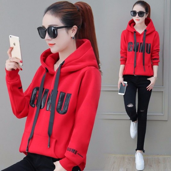 Velvet Thick Pullover Women Loose Hoodie - Red