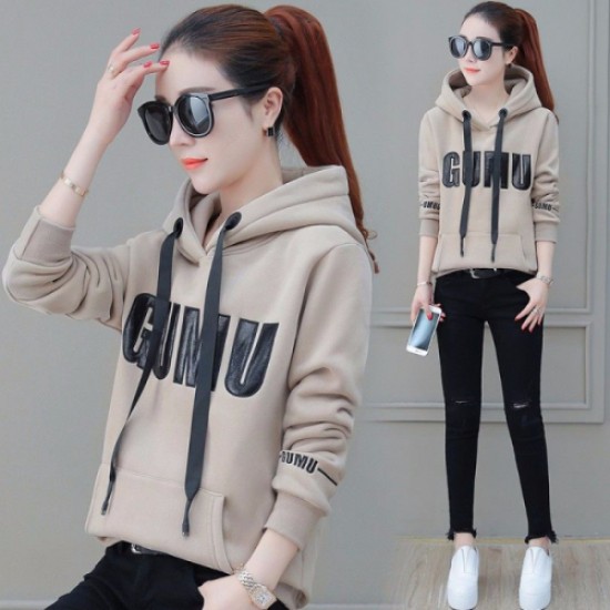 Velvet Thick Pullover Women Loose Hoodie - Beige