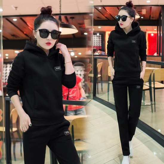 Leisure Hooded Two Piece Sportswear Suit - Black 