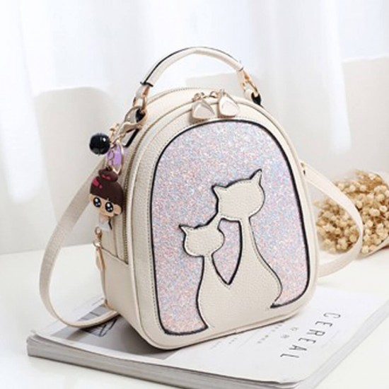 Fire Cat Sequins Decorated Messenger Shoulder Bag - Cream