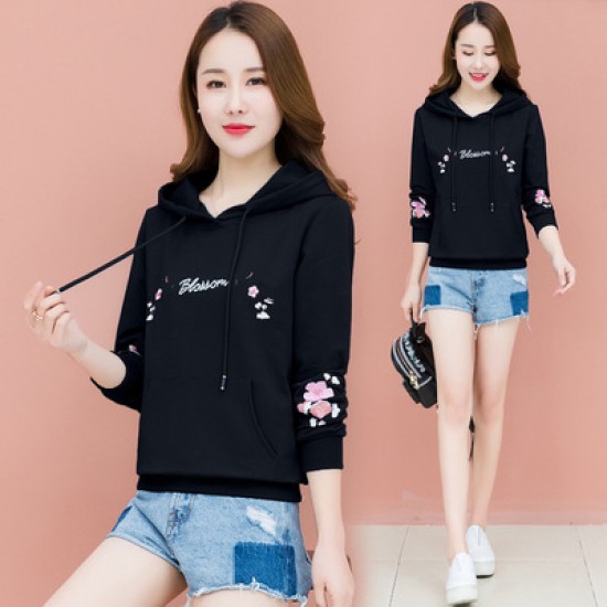 Full Sleeves Embroidery Hooded Sweater - Black