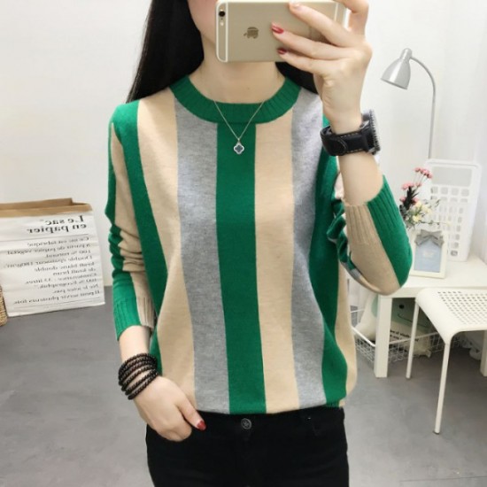Woolen Striped Pull Over Full Sleeves Sweater - Green