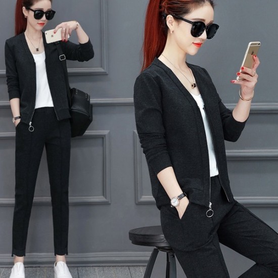 Trending Two-Piece Zipper Sweater with Pants Winter Suit - Black