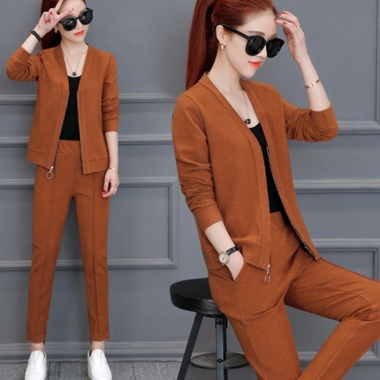 Trending Two-Piece Zipper Sweater with Pants Winter Suit - Brown