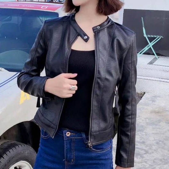 Women Short Leather Stand Collar Racer Jacket - Black