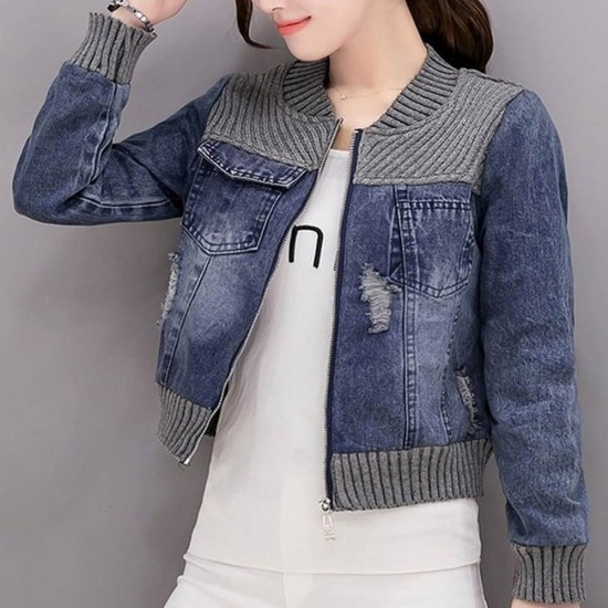 Knit Stitching Denim Slim Tide Ladies Jacket - Blue