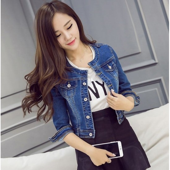 Vintage Women Short Casual Denim Jacket - Navy Blue