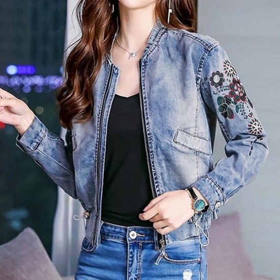 Floral Embroidery Design Blue Denim Jacket - Blue