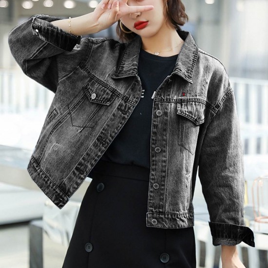College Style Women Casual Short Denim Jacket - Black College Style Women Casual Short Denim Jacket - Black