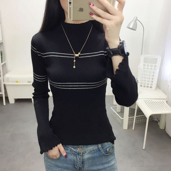 Wind Trumpet Sleeves Striped Sweater - Black