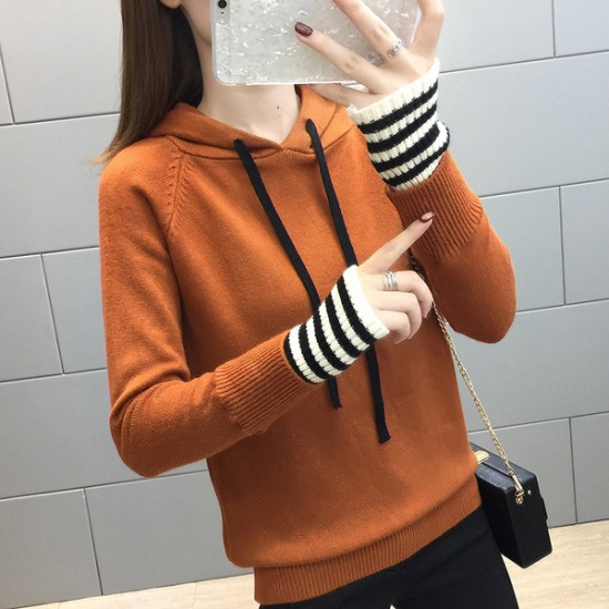 Straps Hooded Solid Color Women Sweater - Brown