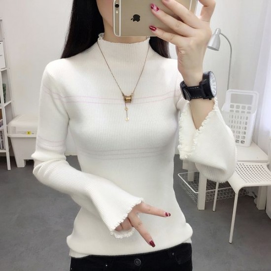 Wind Trumpet Sleeves Striped Sweater - White