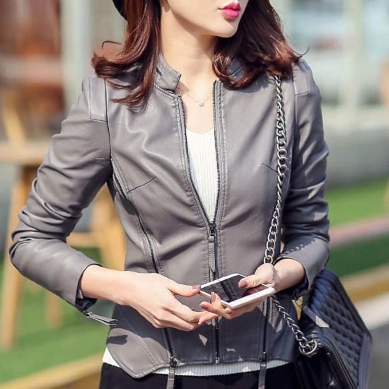 Short Section Slim Zipper Women Leather Jacket - Grey