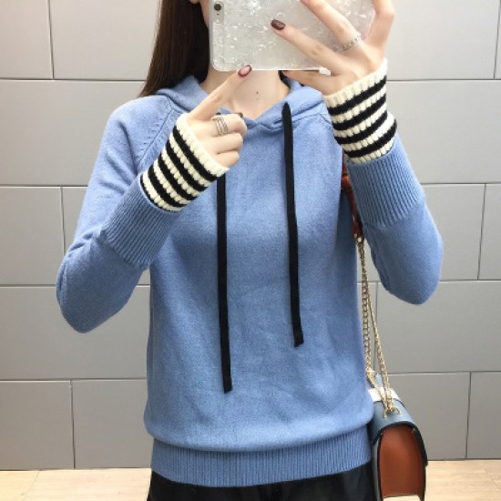 Straps Hooded Solid Color Women Sweater - Blue