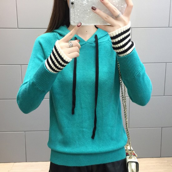Straps Hooded Solid Color Women Sweater - Green