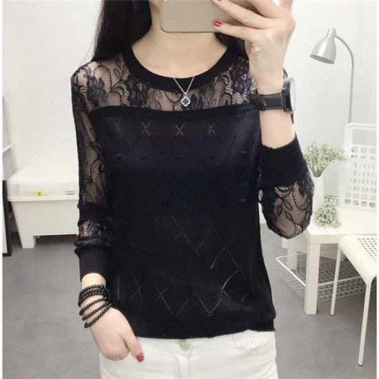 Loose Round Neck Lace Bottoming Sweater - Black