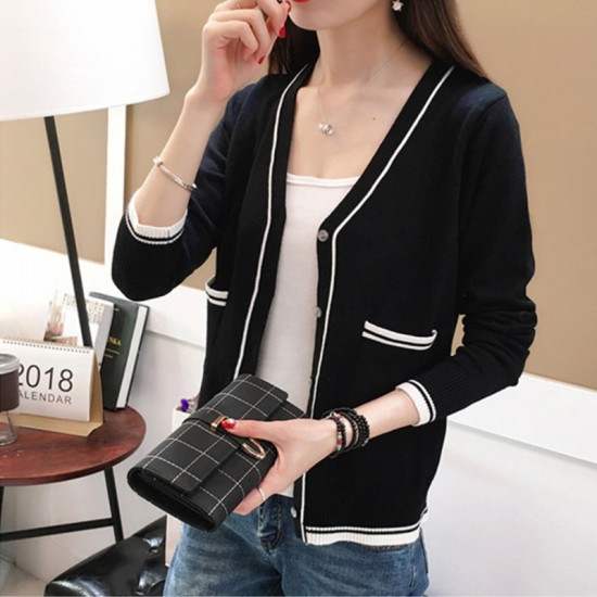 Contrast Ladies Cardigan Knitwear Sweater - Black