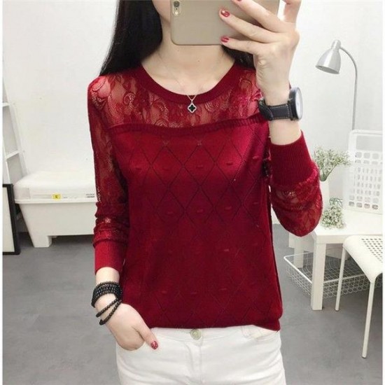 Loose Round Neck Lace Bottoming Sweater - Red Loose Round Neck Lace Bottoming Sweater - Red