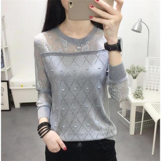 Loose Round Neck Lace Bottoming Sweater - Grey