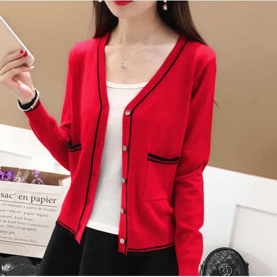 Contrast Ladies Cardigan Knitwear Sweater - Red