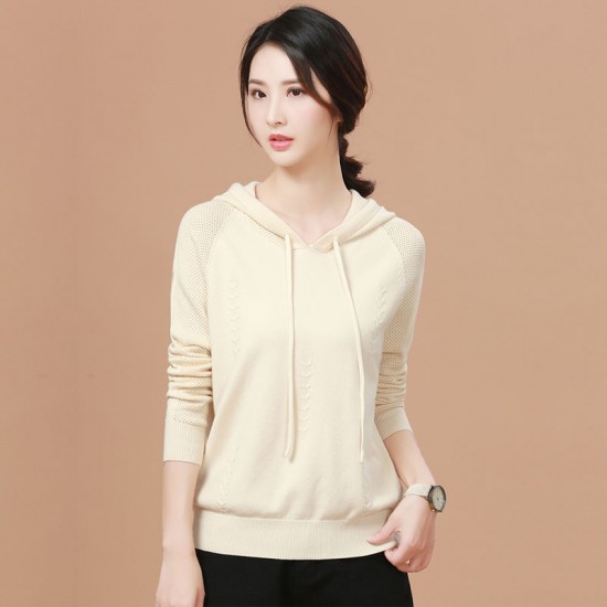 Knit Design Thin Hooded Pullover Sweater - Cream