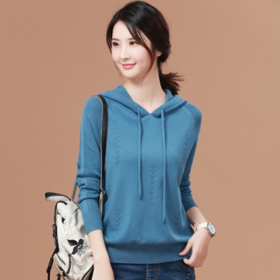 Knit Design Thin Hooded Pullover Sweater - Blue