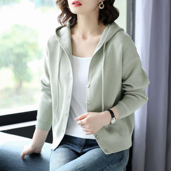 Long Sleeved Cardigan Hooded Sweater Jacket - Green