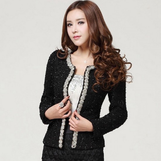 Pearls Decorated Short Paragraph Suit Jacket - Black