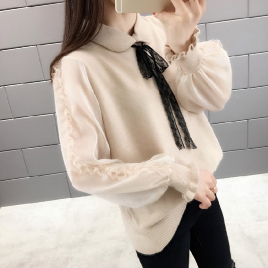 Lace Lantern Sleeves Knitting Sweater - Cream