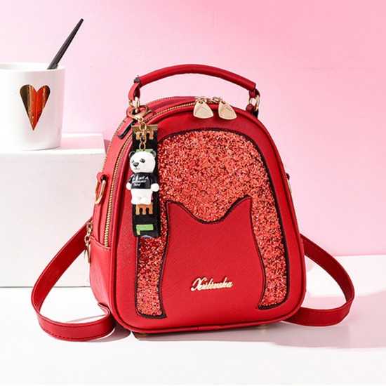 Glittered Portable Sequins With Cute Bear Backpack - Red