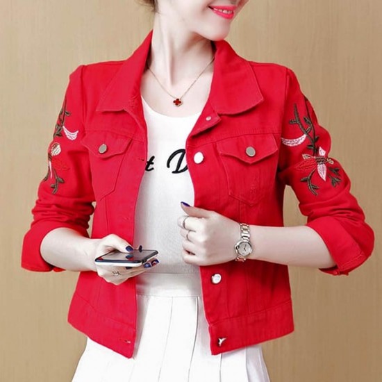 Buttoned Embroidery Elegant Denim Jacket - Red Buttoned Embroidery Elegant Denim Jacket - Red