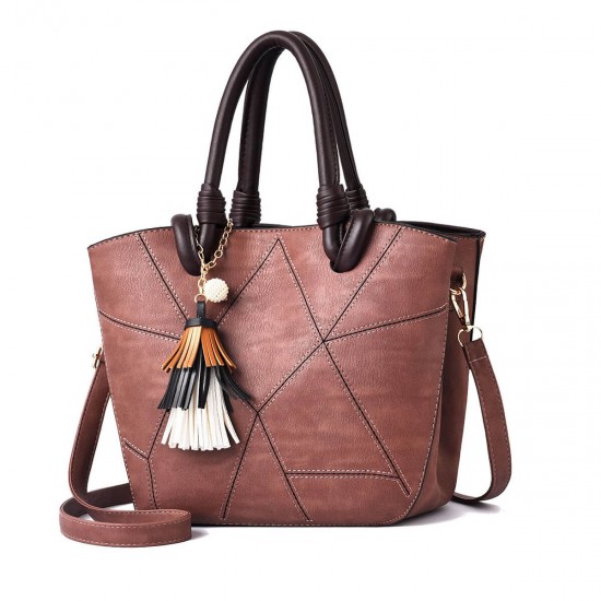 Patchwork Pattern Tassel Bucket Tote Shoulder Bag - Dark Pink