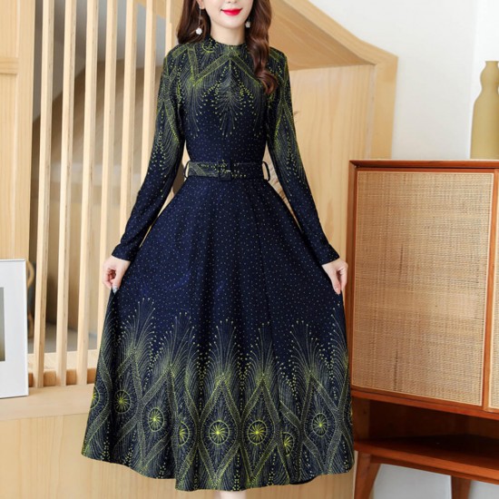 Printed Design Long Sleeves With Belt Maxi Dress - Blue