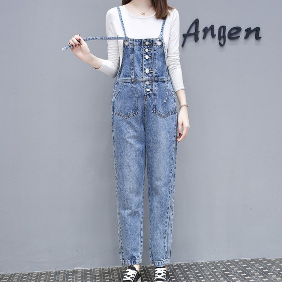 Shoulder Strap High Waist Denim Jumpsuit - Blue