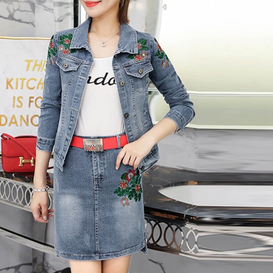 Denim Embroidered Jacket with Skirt Two Piece Suit - Blue