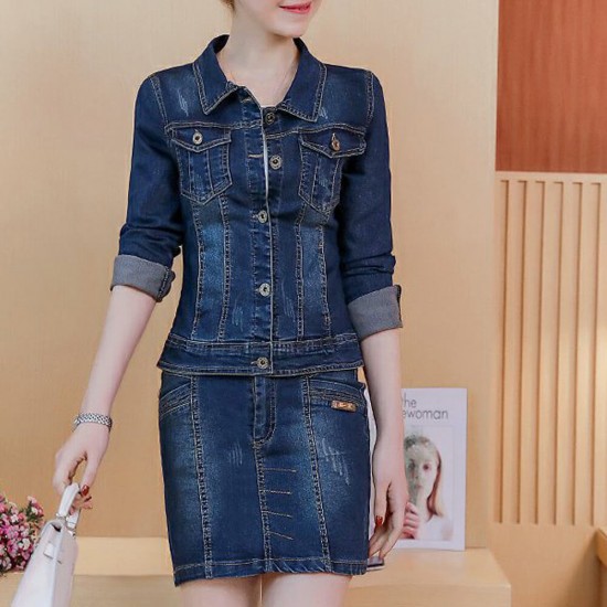 Trending Two Piece Denim jacket And Skirt Suit - Blue