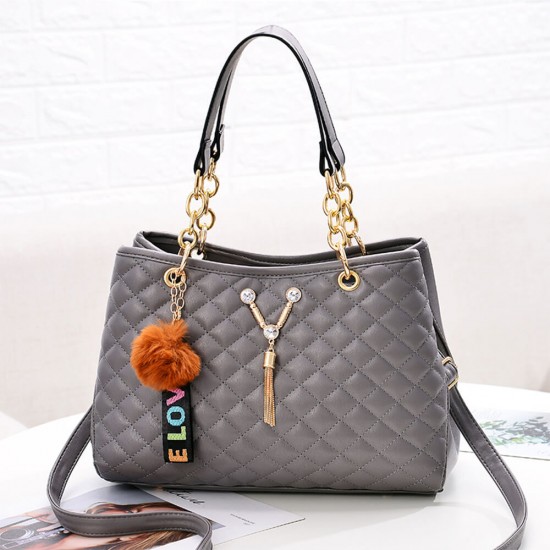Tassel Rhombic Chain Quilted Leather Hand Bag - Grey