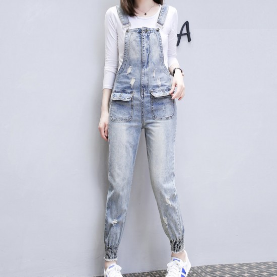 Denim Dual Pocket Ripped Jumpsuit Dress - Blue