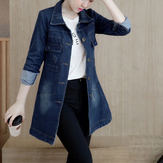 Slim Mid Length Long Sleeved Denim Jacket Top - Blue