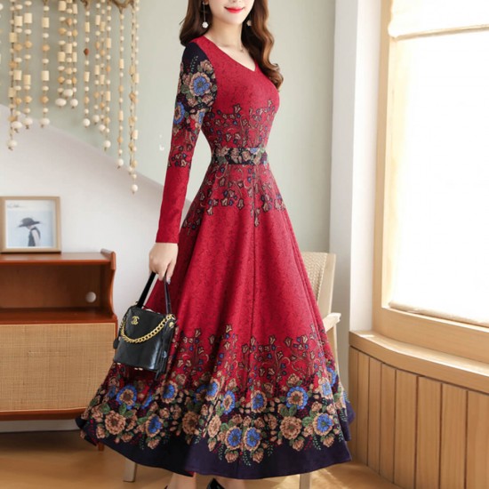 V Neck Long Sleeve Floral Printed Women Maxi Dress -Red