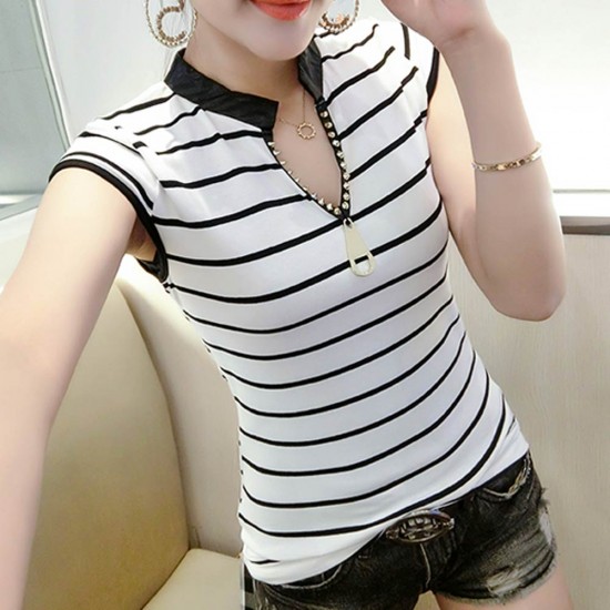New Classic Striped V Neck Short Sleeve Women Shirt - White