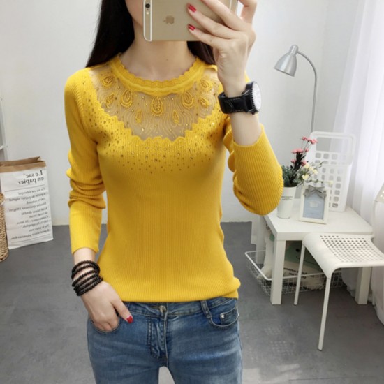 Lace Hollow Knit Slim Fitting Sweater - Yellow