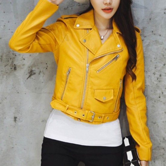 Short Section Slim Elegant Leather Zipper Ladies Jacket - Yellow
