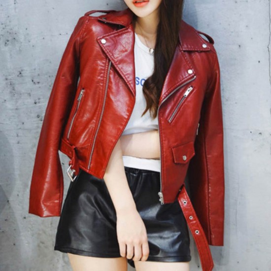 Short Section Slim Elegant Leather Zipper Ladies Jacket - Red